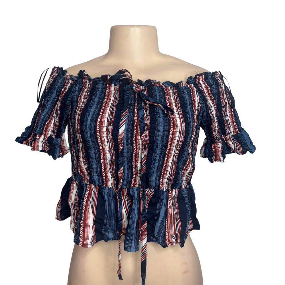 Navy Red Smocked Striped Off-Shoulder Crop Top - Women